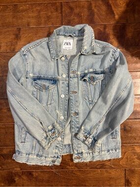 ZARA oversized  Light Blue Distressed Denim Jacket small